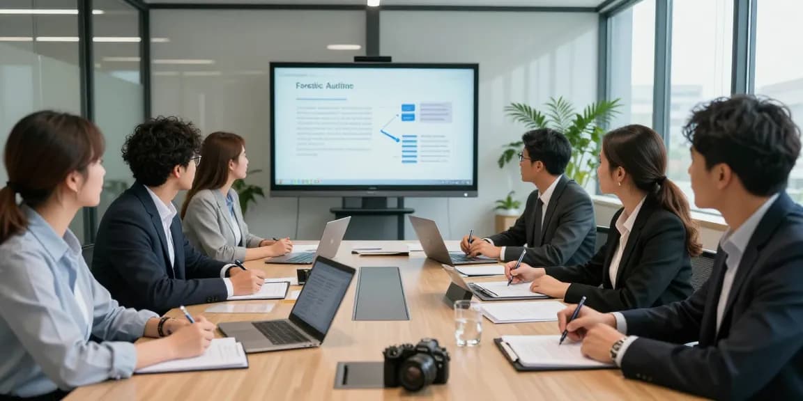 Team of forensic auditors collaborating in a modern conference room discussing strategies at aafikotacimahi.org.