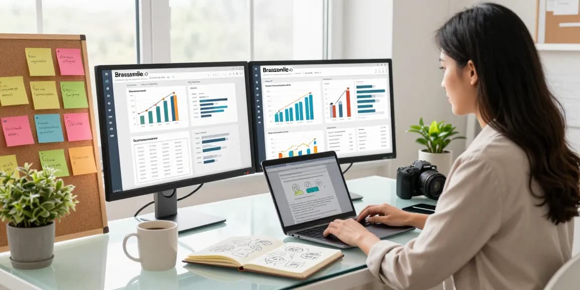 Workspace with articles on Brasssmile com analysis, digital marketing metrics, and engaged content strategy.