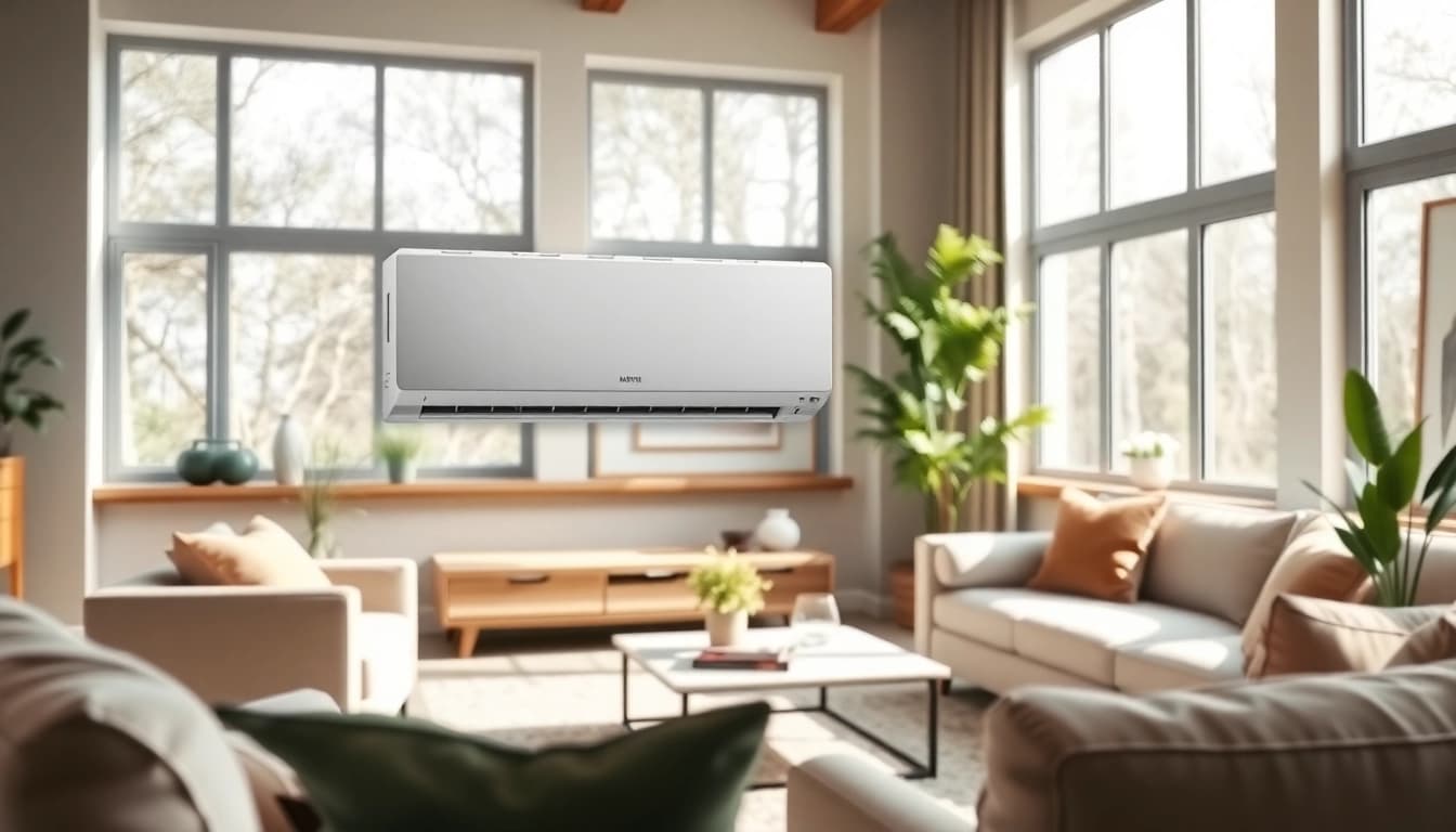 Install a mini split ac system in a bright, modern living room, enhancing comfort and style.