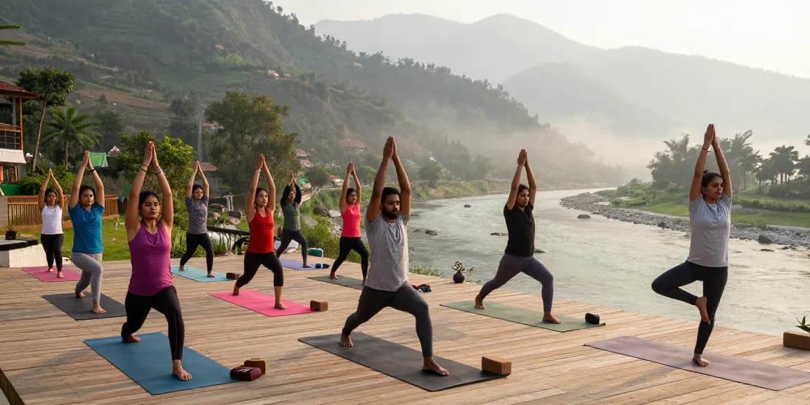 Yoga teacher training course in Rishikesh with diverse students practicing yoga poses by the Ganges River, showcasing a serene Himalayan backdrop.
