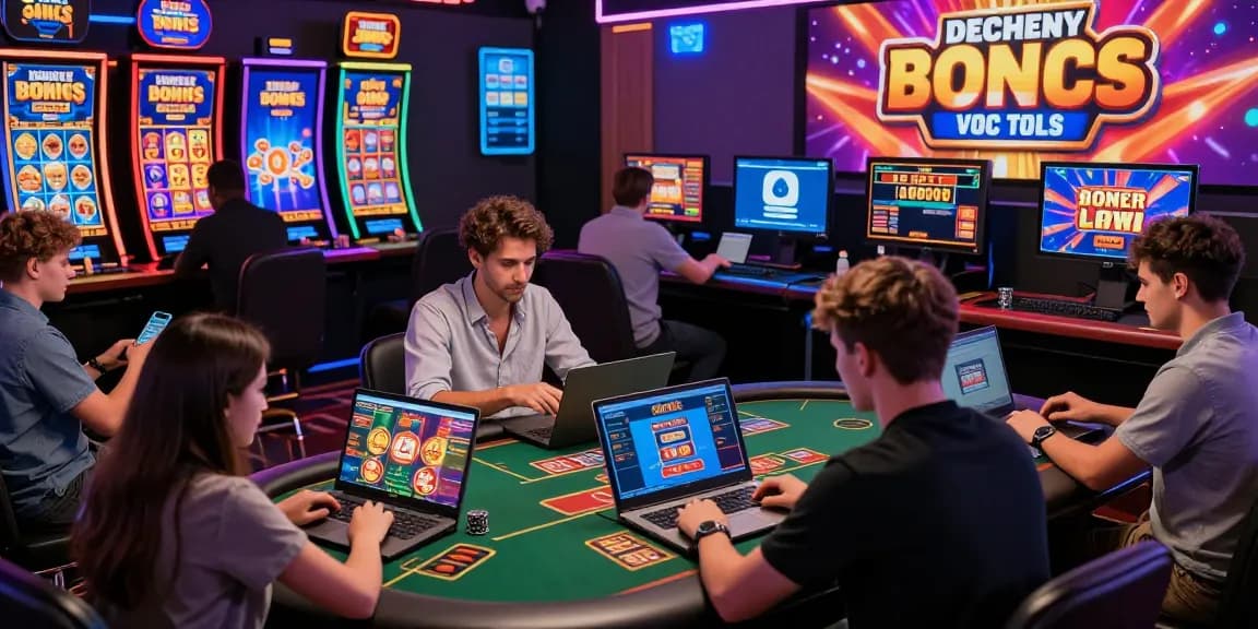 Players enjoying non UK casino games on laptops and mobile devices, showcasing vibrant slot visuals and bonuses.