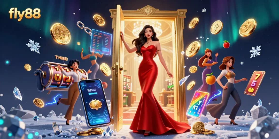 Engage with fly88's thrilling casino scene featuring an elegant woman amidst vibrant game elements.