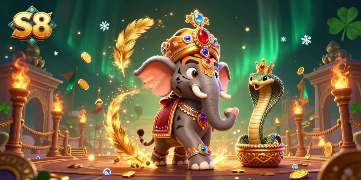 S8 captivates gamblers with a dazzling 3D scenario of the maharaja, elephant, and cobra, showcasing captivating gaming elements.