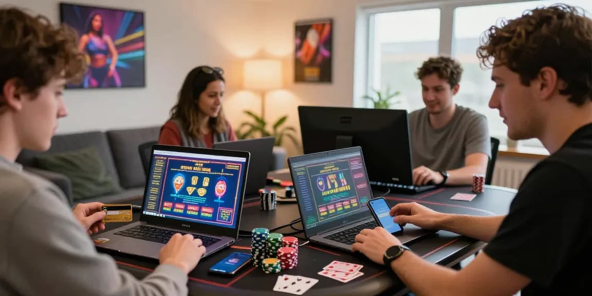 Engaging atmosphere at a credit card casino scene on https://bhma.org.uk, featuring UK players enjoying online gaming with laptops and credit cards.