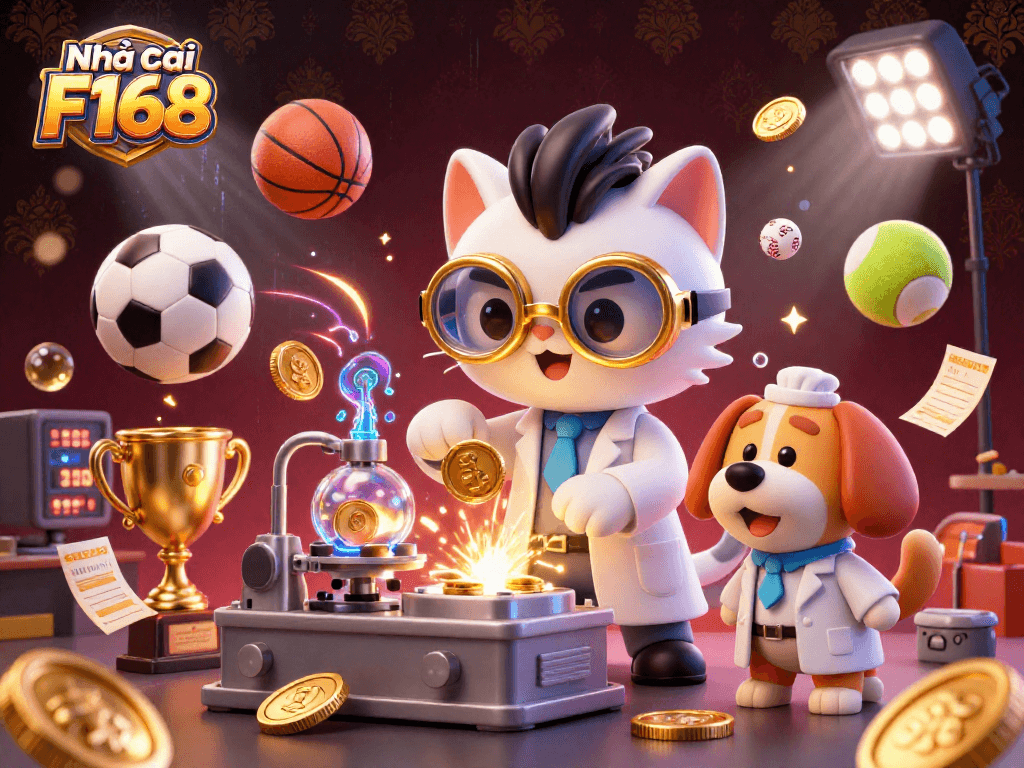 Experience the thrill of betting at Nhà cái F168 with dynamic sports and casino elements in an engaging 3D illustration.
