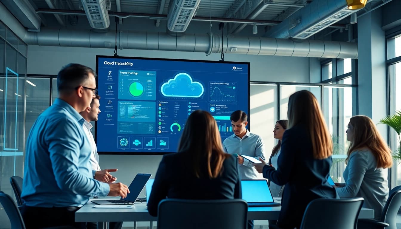 Cloud traceability software interface displayed in a professional office setting with a diverse team collaborating.