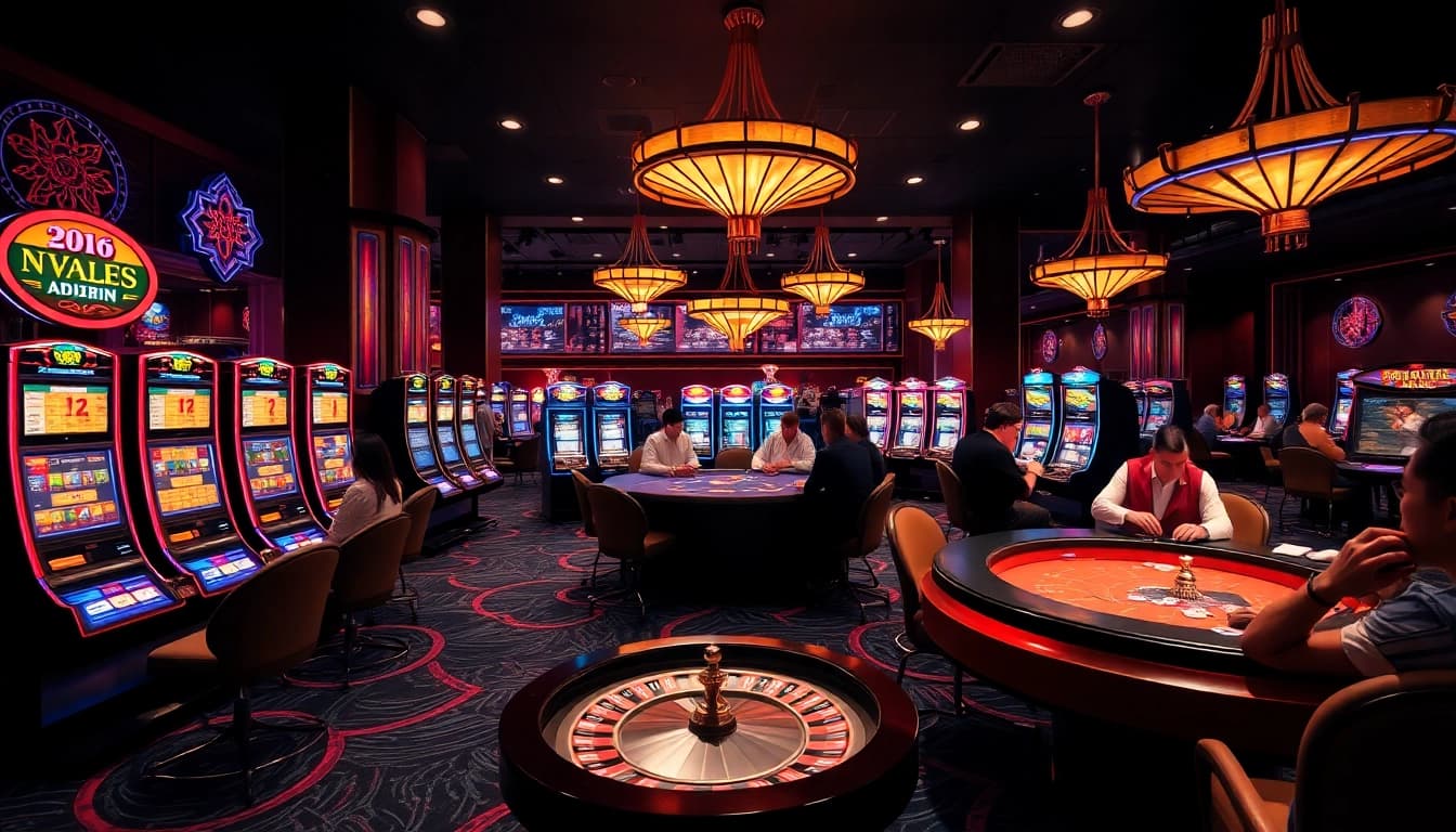 Exciting casino atmosphere at mb66.nyc with players betting at vibrant slot machines and poker tables.