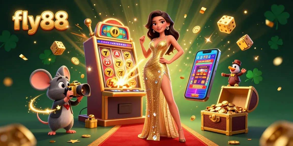 Feel the excitement of fly88 with this vibrant 3D illustration featuring casino elements and characters.