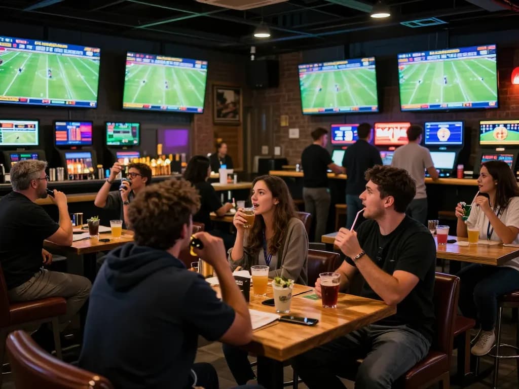 Engaging scene of sports betting enthusiasts analyzing ty le keo while watching live football matches, vibrant atmosphere.