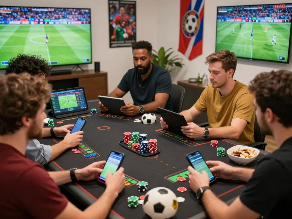 Engaging scene of individuals participating in trang cá cược bóng đá, showcasing live betting excitement with modern tech.