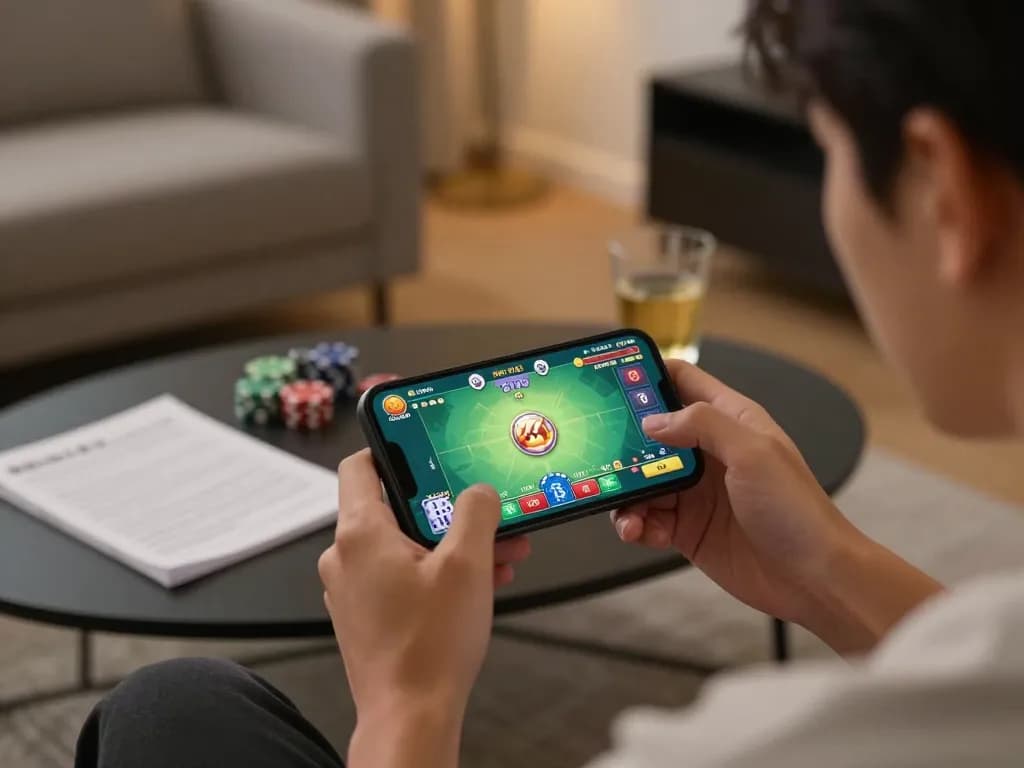 Xóc đĩa online gameplay on a smartphone, showcasing strategic betting in a cozy home setting.