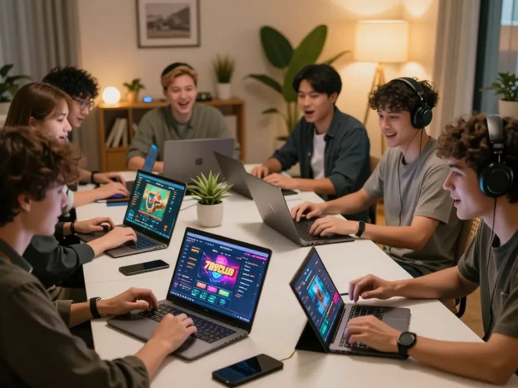 Cổng game 789Club players enjoying online gaming session, laptops and tablets in use with exciting game displays