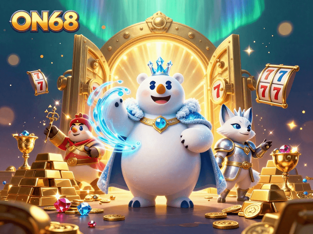 Experience ON68's thrilling casino adventure featuring a magical polar bear and fox amidst treasures.