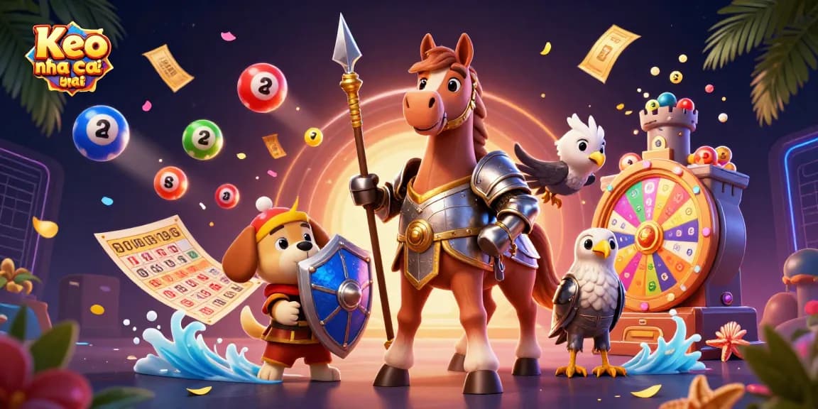 Engage in Keo nha cai betting action with a knight, squire puppy, and falcon amidst vibrant gaming elements.