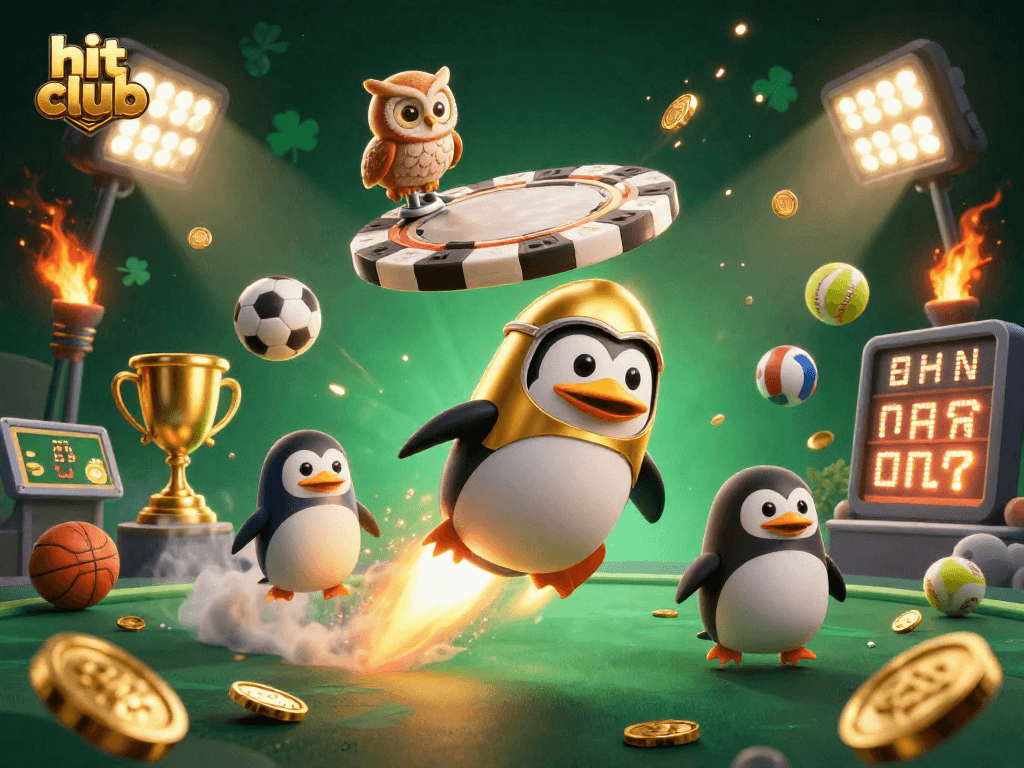 Experience the excitement of hit club with a dynamic casino-themed scene featuring a golden penguin.
