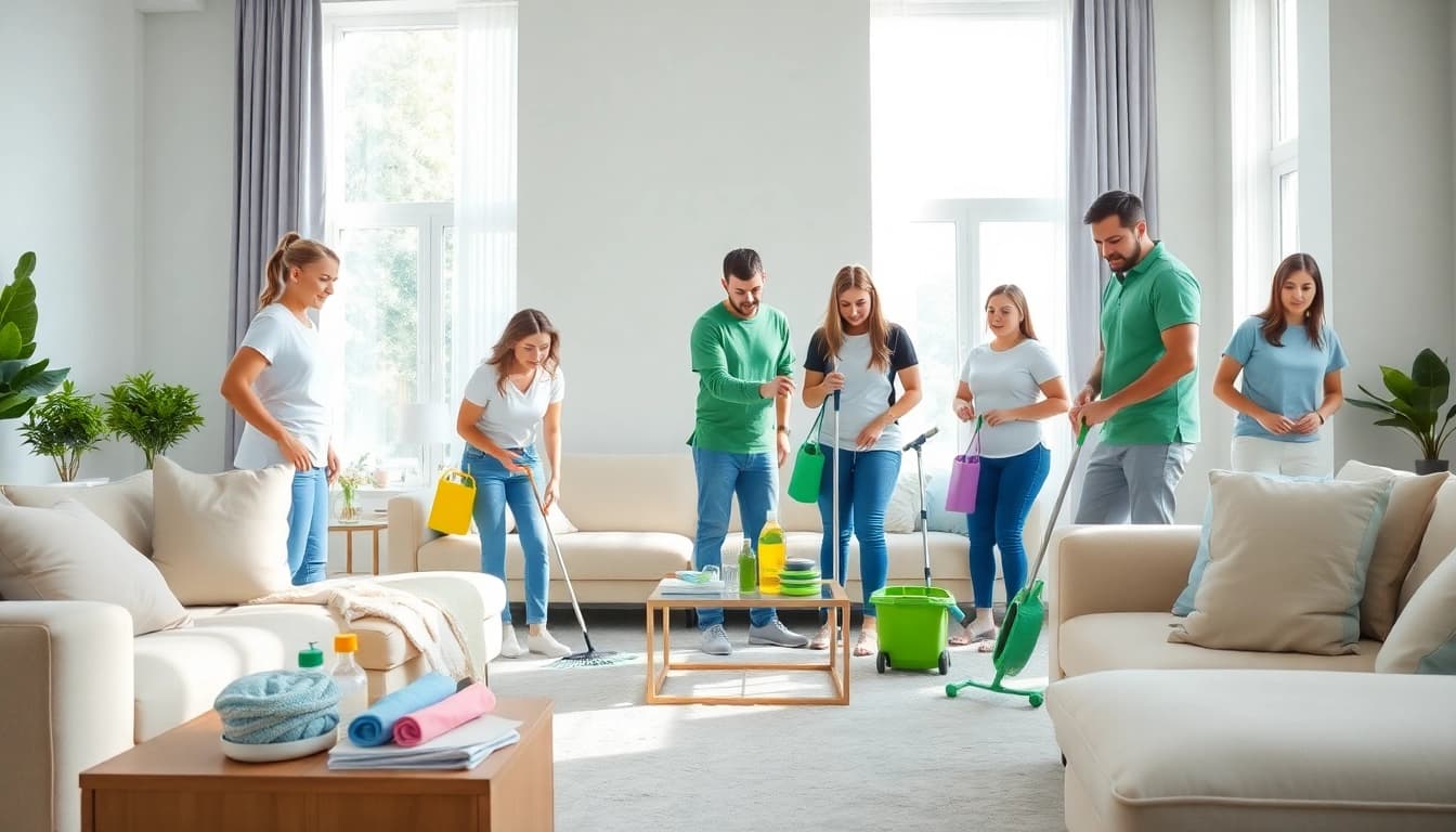 Efficient team performing cleaning services near me in a bright, modern home setting.
