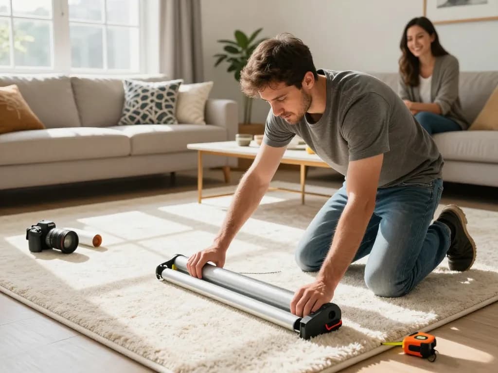 Carpet fitters near me installing plush carpet in a cozy living room, showcasing tools and happy homeowner.