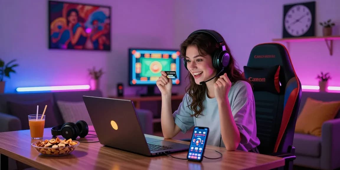 Excited gamer enjoying credit card casinos on a laptop in a vibrant home setting with neon lights.