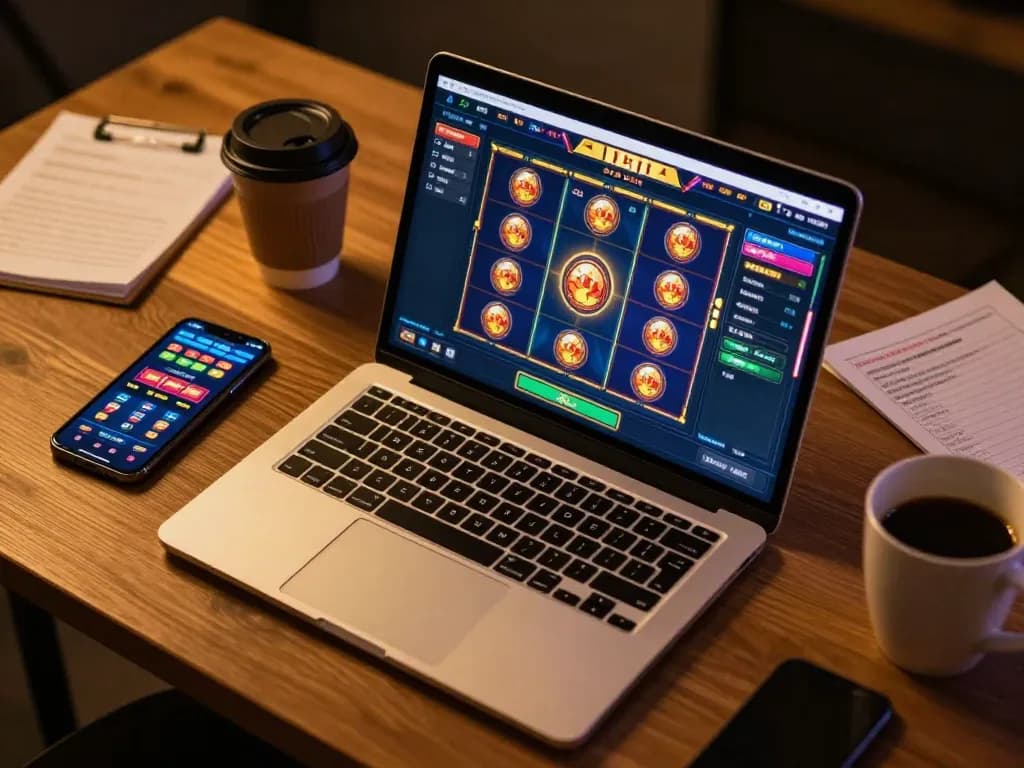 Player enjoying a raja slot online game on a laptop while reviewing betting strategies in a cozy environment.