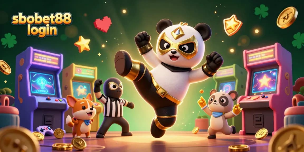 Engage with sbobet88 login in this vibrant gaming scene featuring dynamic characters and arcade elements.