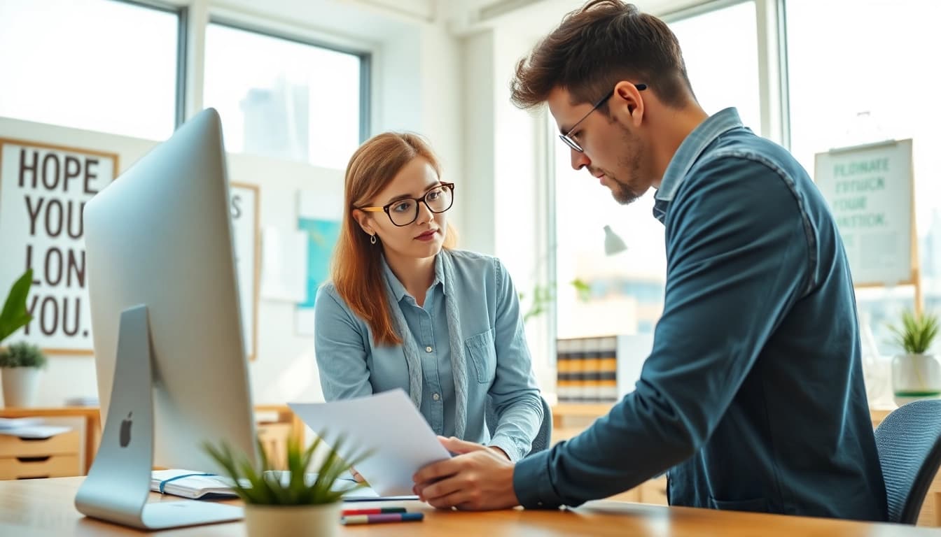 How to find my perfect career coach guiding a young adult in an inspiring office setting.