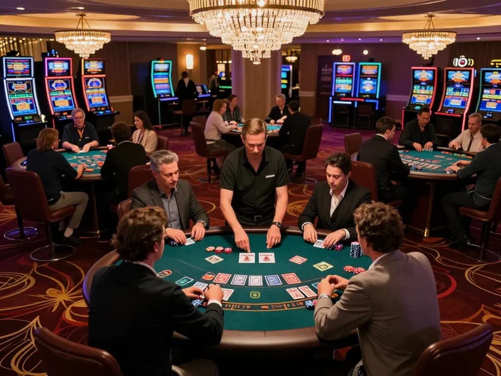 Players engaging in strategic gameplay at uu88 com's luxurious casino, vibrant atmosphere depicted