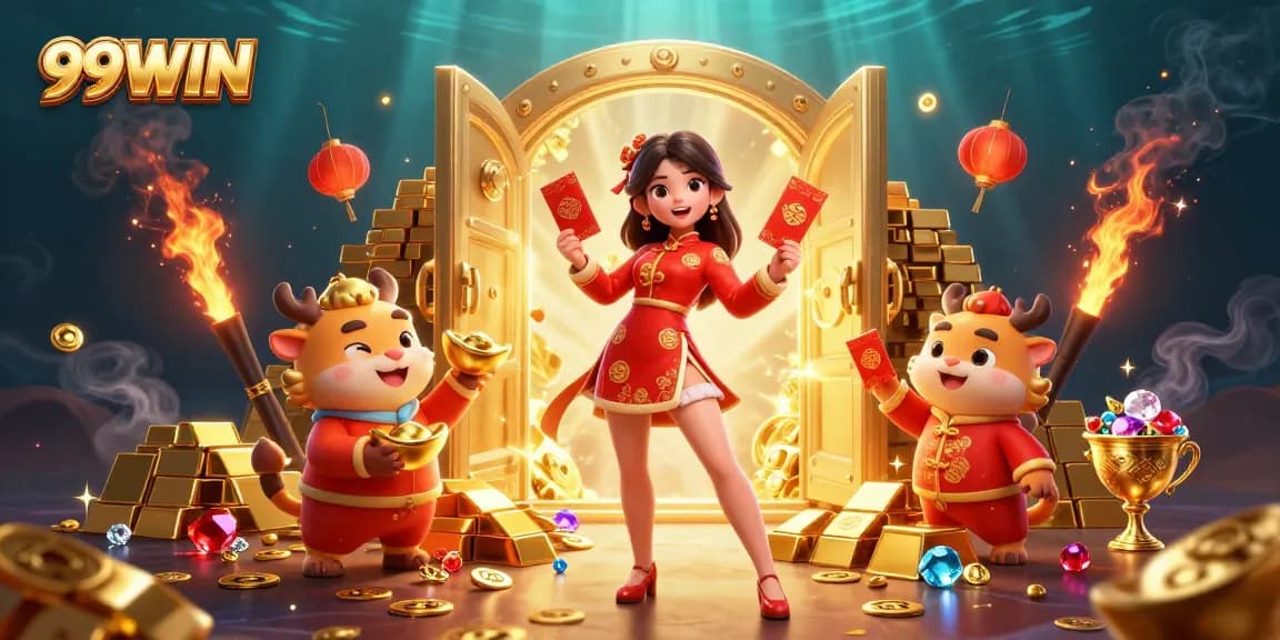 Experience thrilling wins with 99WIN in this vibrant, festive 3D casino illustration.