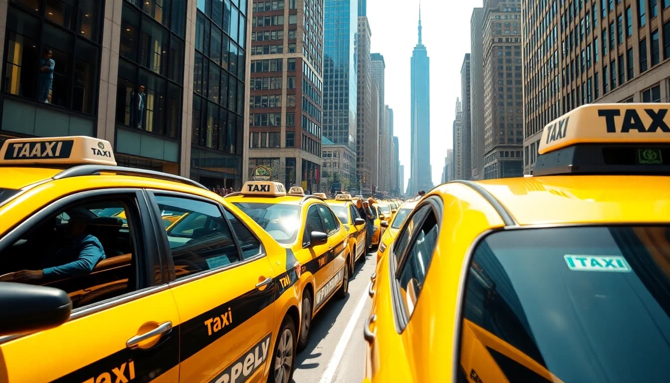 Cabs in motion with passengers boarding in a vibrant urban setting.