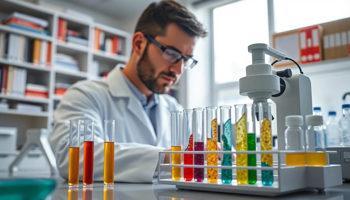 Analyze Peptides UK in a professional lab with a scientist working carefully.
