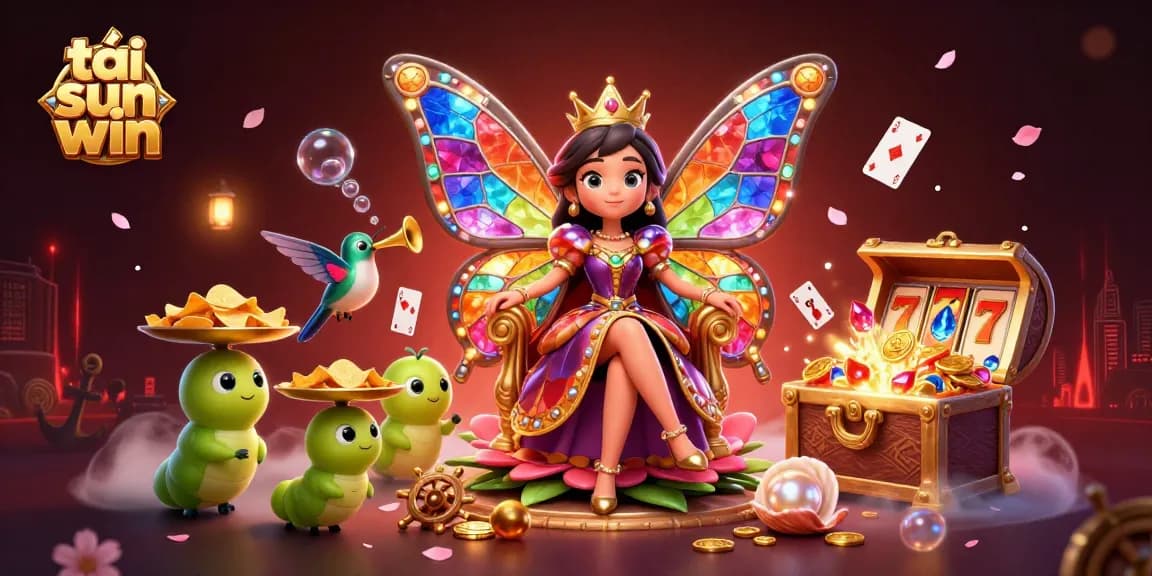 Experience the magic of tải sun win with our vibrant casino-themed illustration featuring a butterfly queen and exciting game elements.