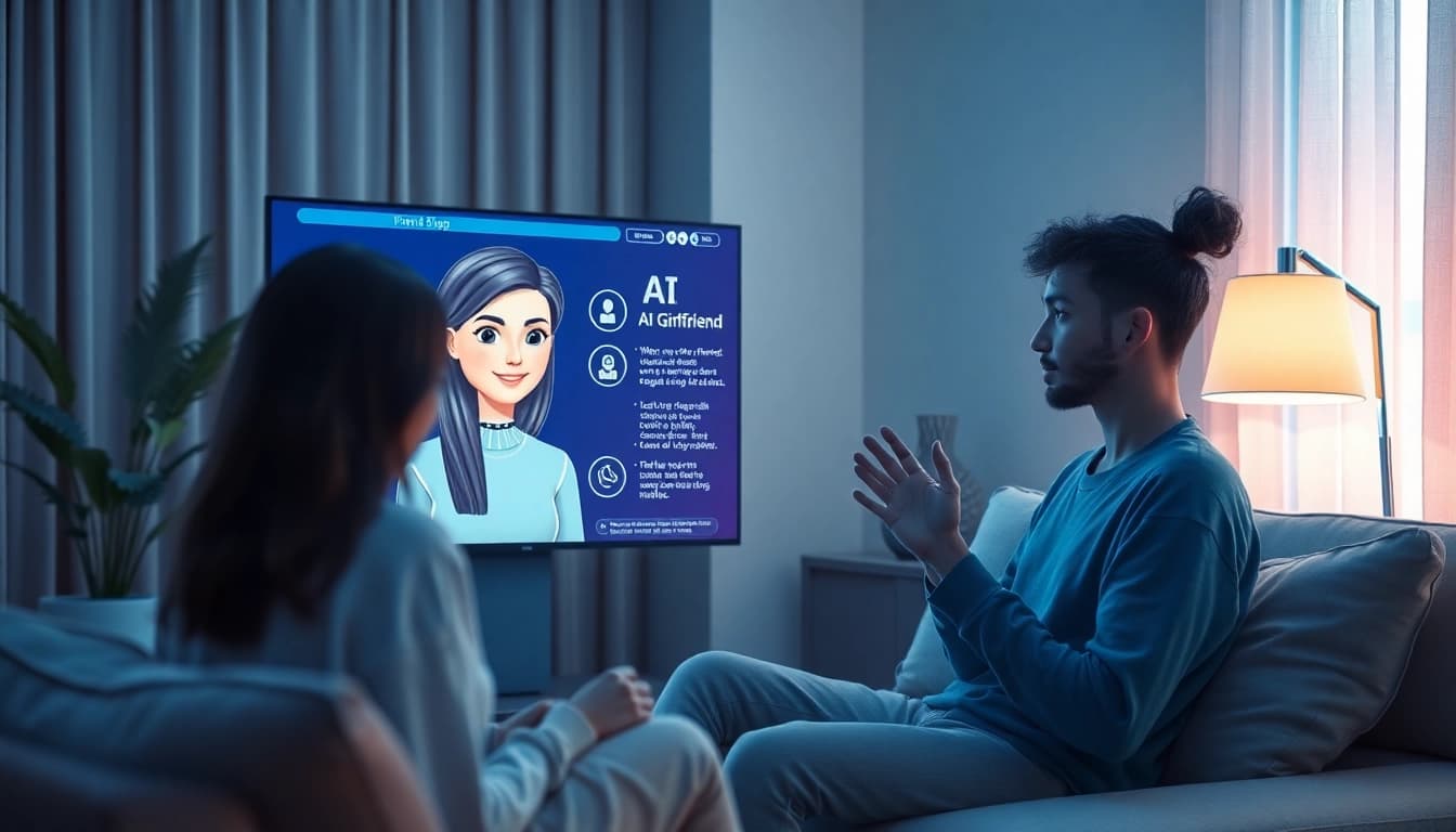 AI girlfriend interacting with a user in a modern digital setting, showcasing advanced AI features.