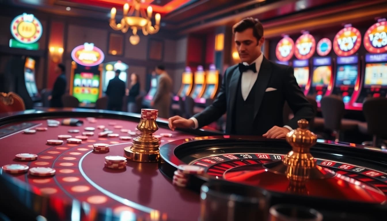 Players engaging in exciting gambling action at tr88 casino, featuring roulette and poker elements.