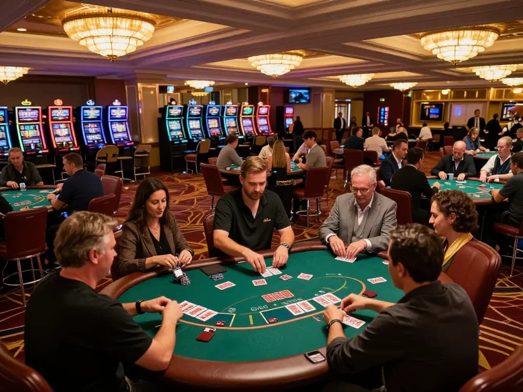 Engaging players at 789pp poker tables amidst vibrant casino atmosphere