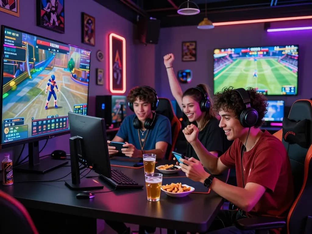 33WIN players enjoying thrilling gaming experiences in a modern lounge filled with neon lights and sports visuals.