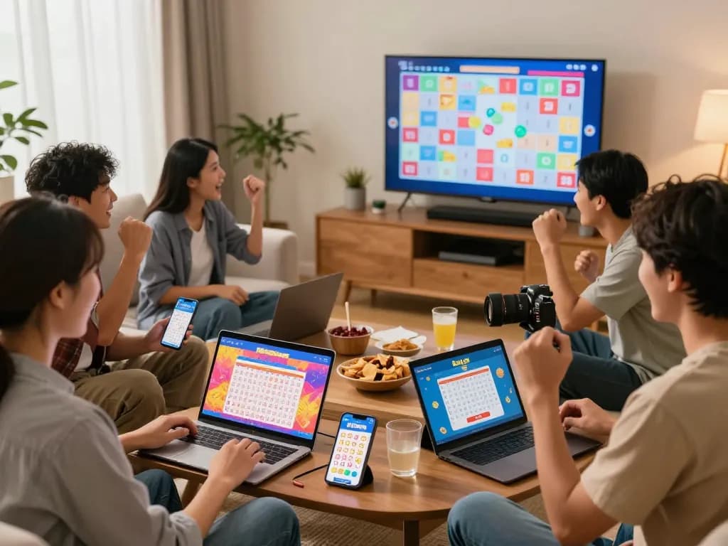 Friends enjoying đánh đề online together in a cozy living room, showcasing devices with colorful lottery apps and a live draw on the screen.