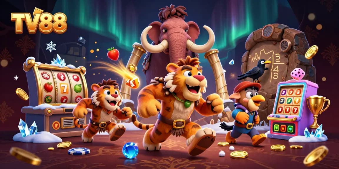 Engage with TV88's prehistoric casino featuring unique characters and vibrant gambling elements.