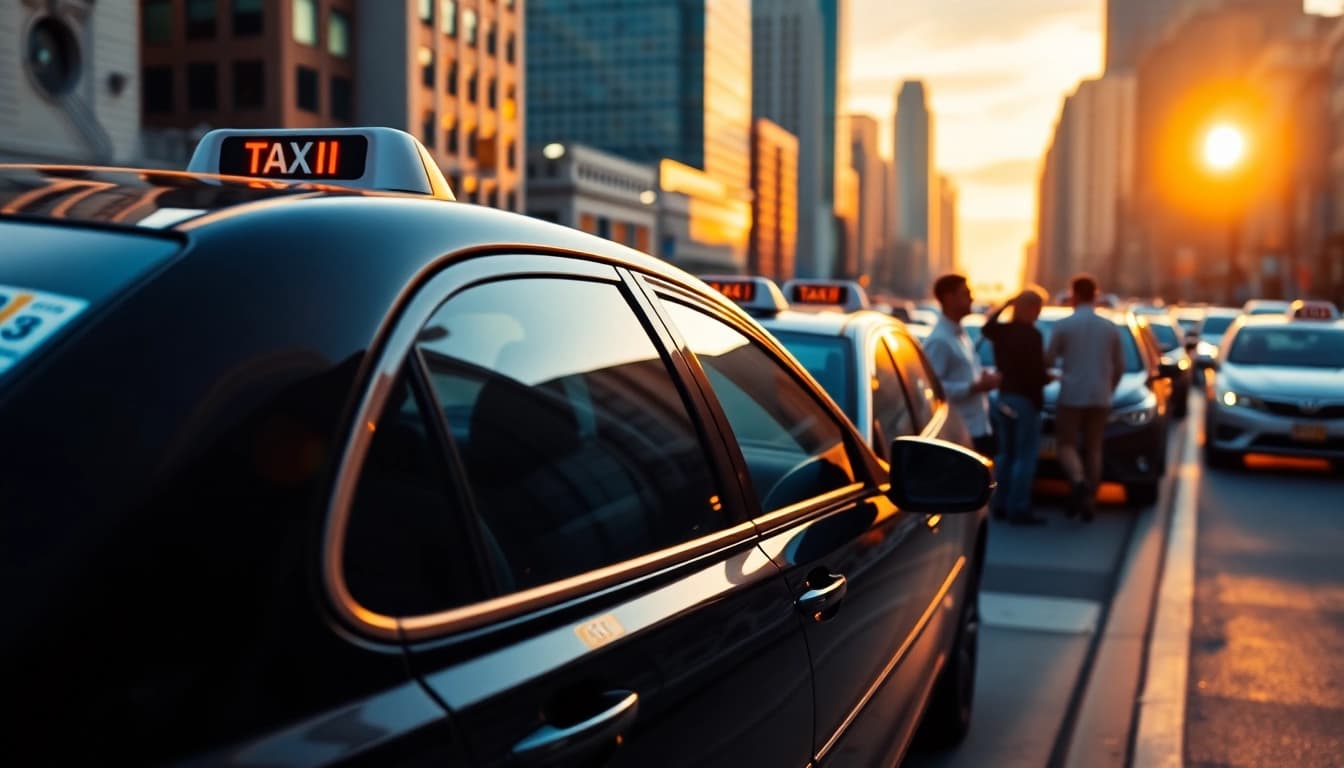 Cabs waiting in a lively city street at sunset, showcasing dynamic urban life.
