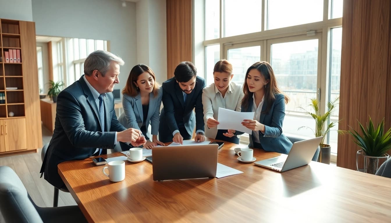 Explore Federal and State contracts and grants while professionals collaborate in a modern office.