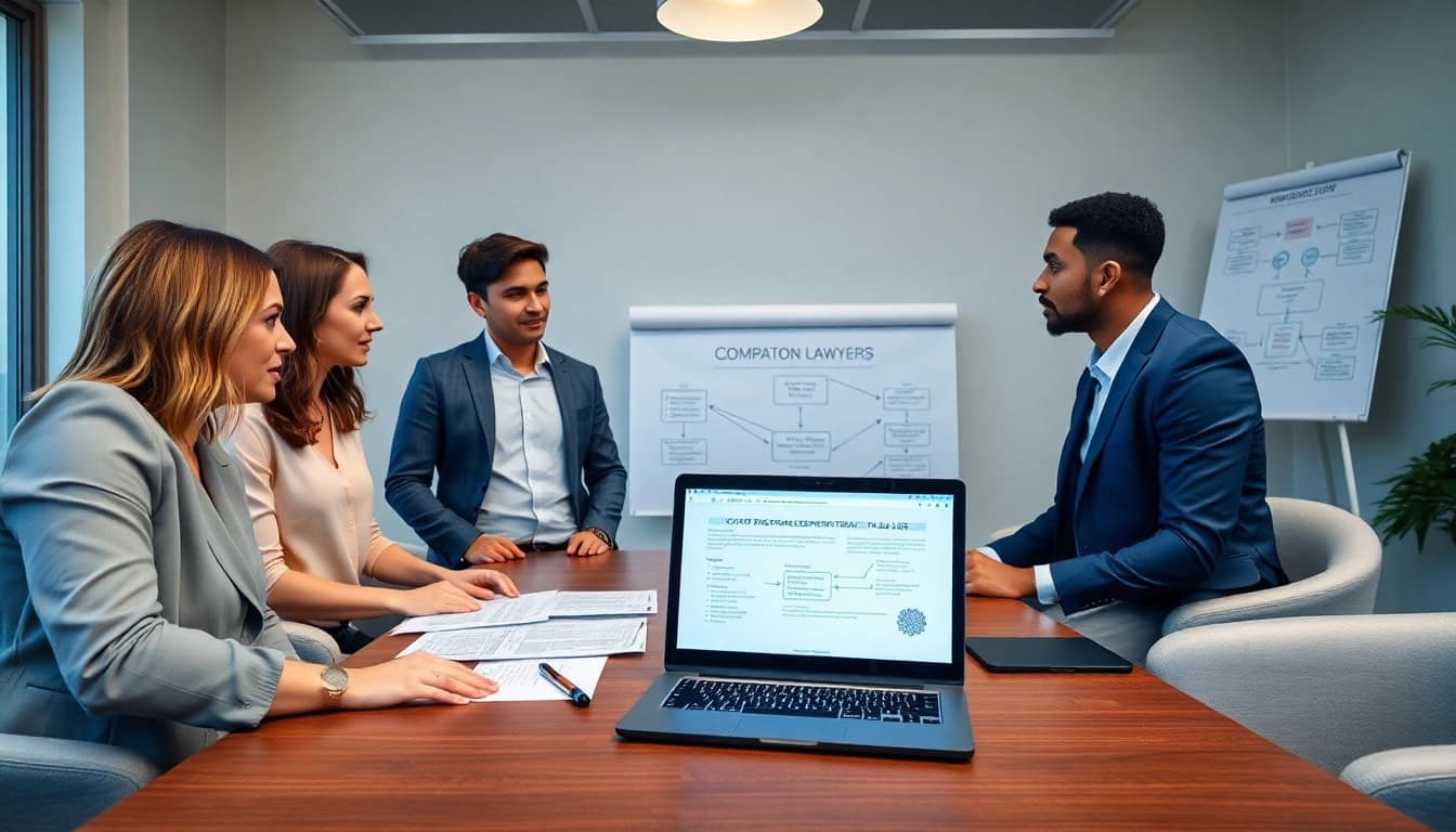 Lawyers for business setup in the US discussing company registration with clients in a professional office.