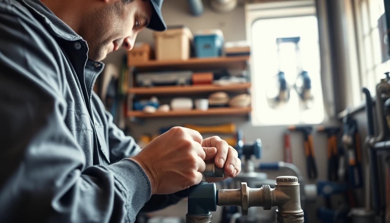 Find a reliable plumber near me expertly repairing pipes in a well-lit workshop.