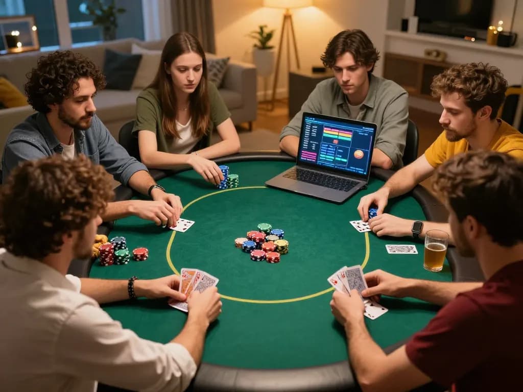 Friends strategizing at a home poker game using 8kbet, showcasing engagement and lively atmosphere.