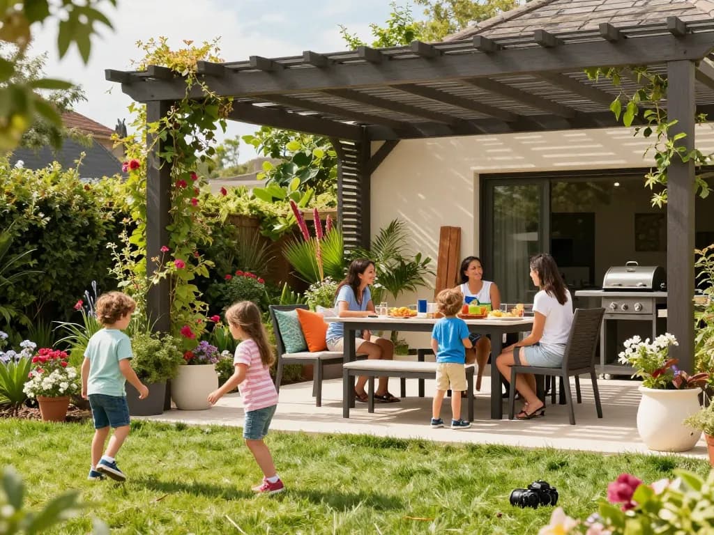 Family under a pergola configurator enjoying a sunny garden day with vibrant plants and outdoor dining.