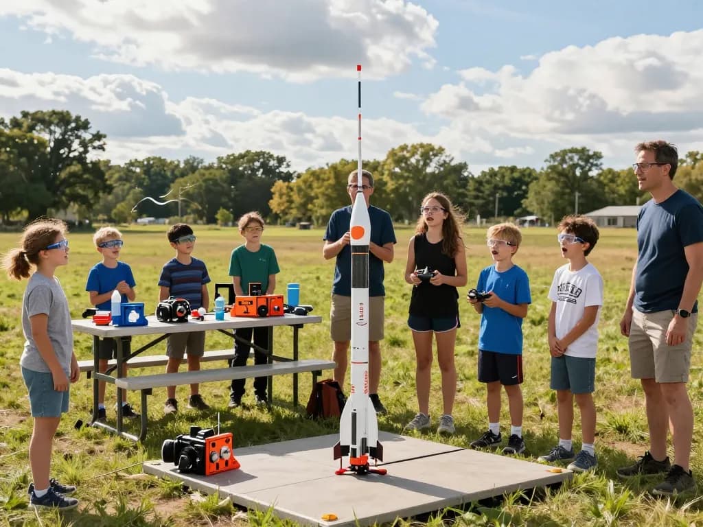 Children and adults preparing to launch model rocket motors in an outdoor setting