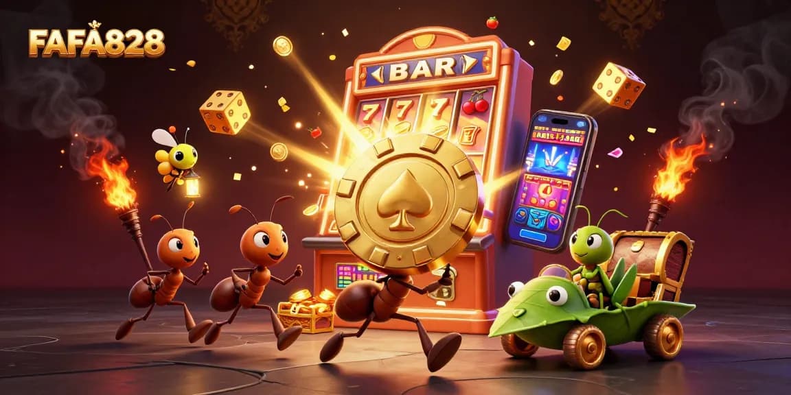 Experience FAFA828 with a cartoon heist scene featuring ants, golden chips, and casino excitement.