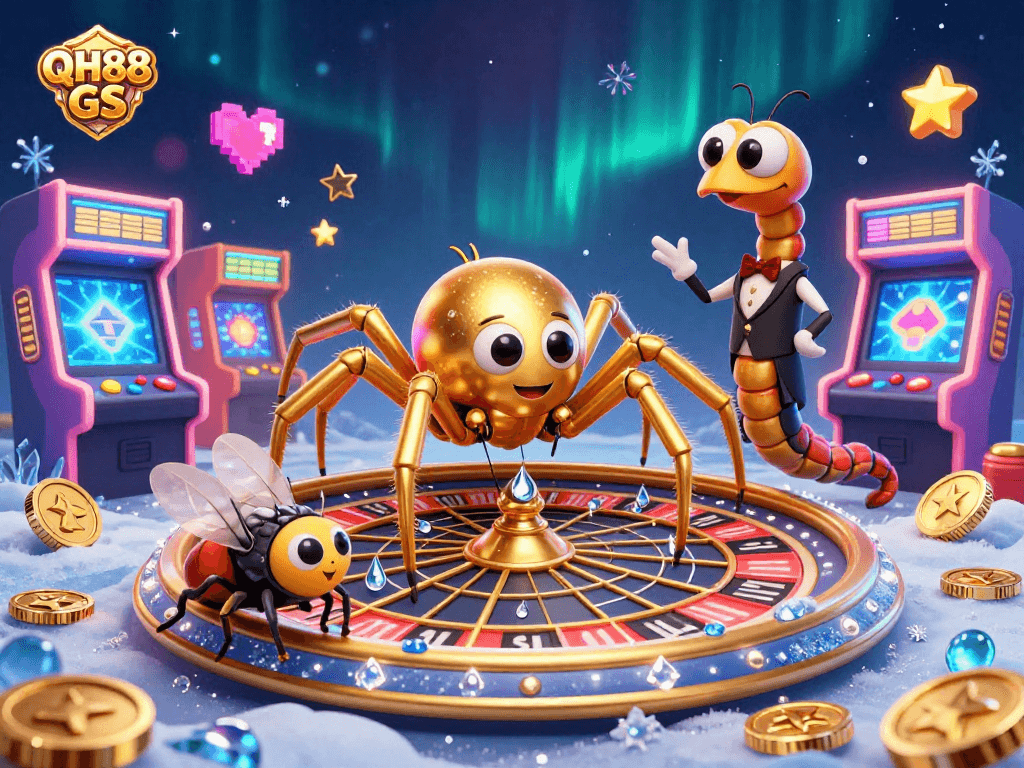 Engage with QH88 GS through a vibrant 3D casino scene featuring characters and game elements.