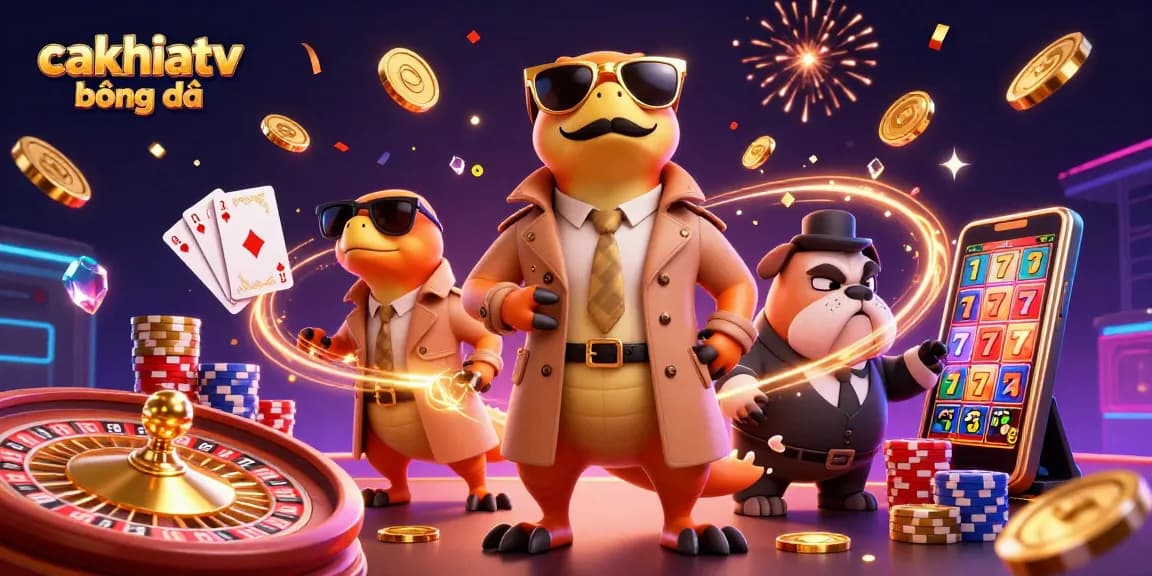 Cakhiatv bóng đá showcases a fun cartoon of raptors in a trench coat entering a casino, full of excitement.