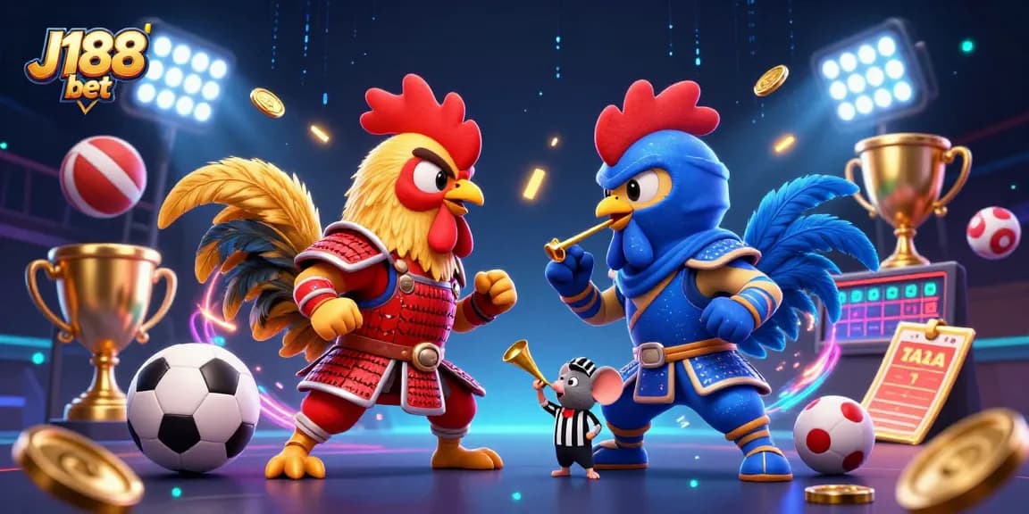 Engage in J188 bet as twin roosters face off in a dynamic 3D casino showdown with vibrant betting elements.