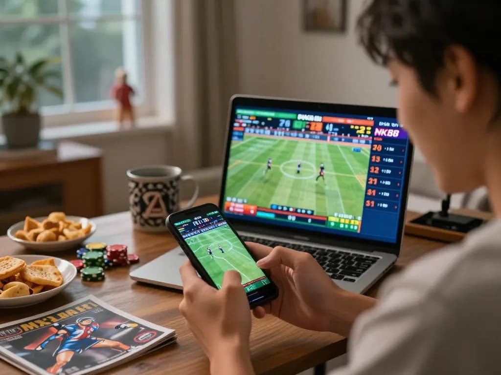 Excited sports betting on NK88 smartphone app in a cozy home environment.