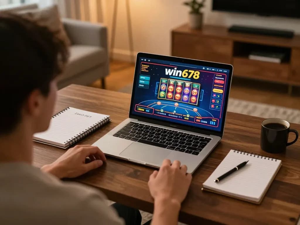 Player engaging in online gaming with win678, focusing on strategy and fun in a cozy setting