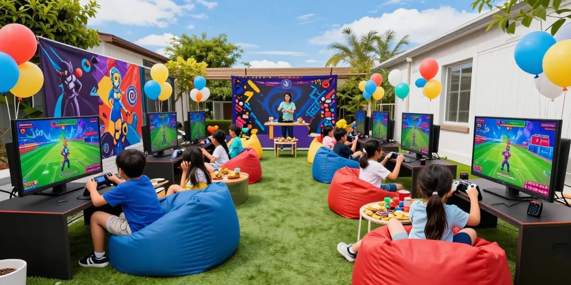 Exciting moment at top gaming parties with kids enjoying multiplayer games in a vibrant garden setup.